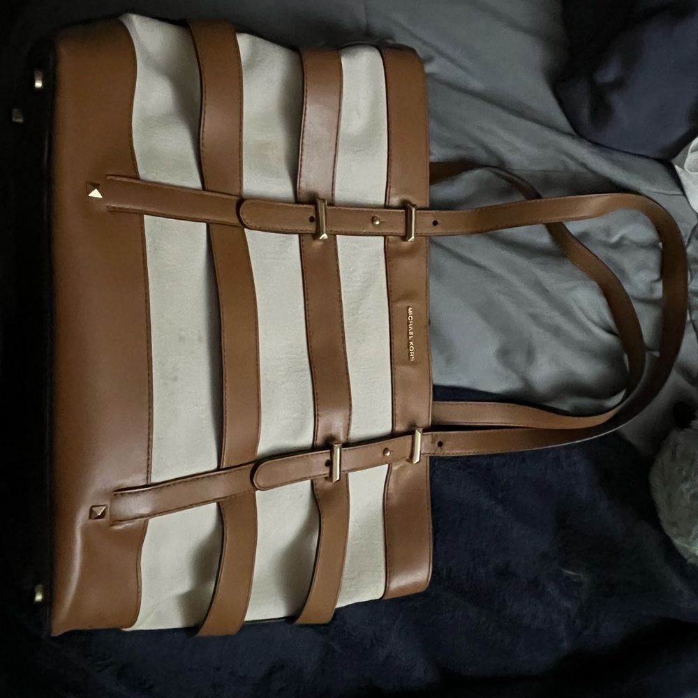 Michael Kors Marie Cage Brown and White tote Bag